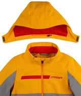 Spyder Challenger Junior Jacket 2026 ski jacket -- Storm colorway front view on model with hood and cuffs