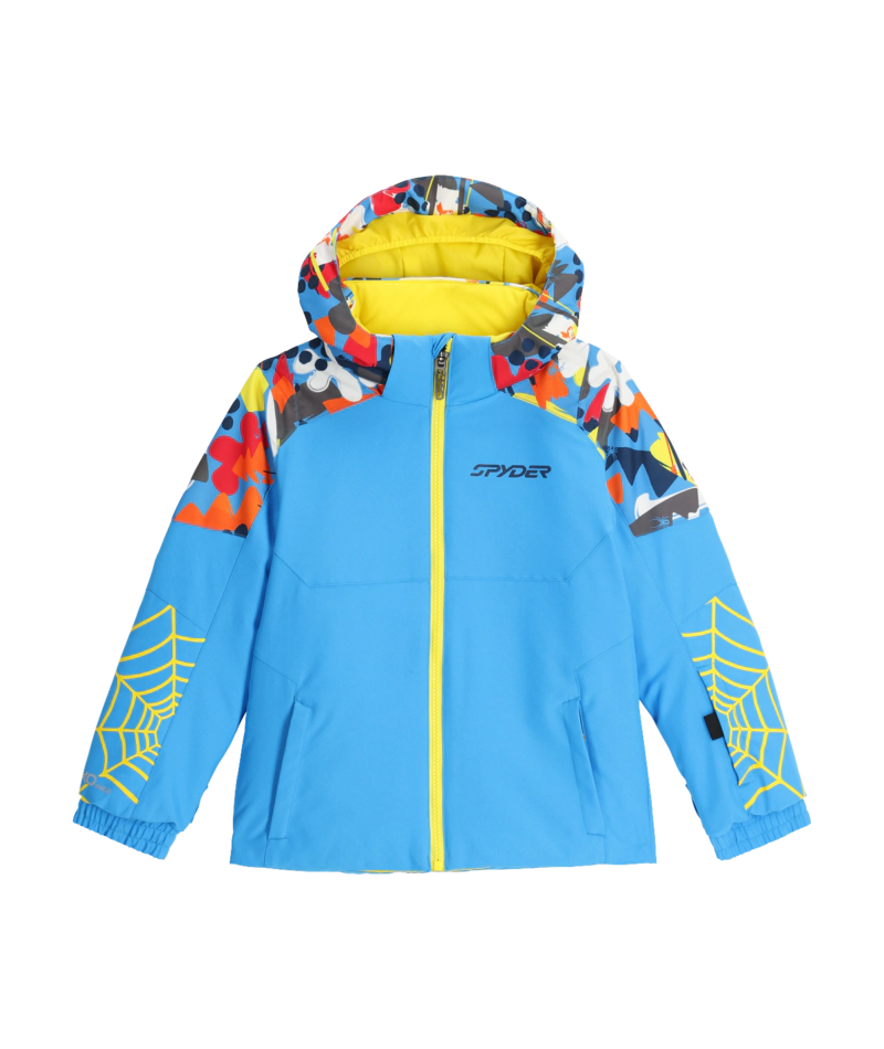 Spyder Challenger toddler jacket in blue with a colorful print hood and yellow spider-web sleeves, front view with a yellow zipper.