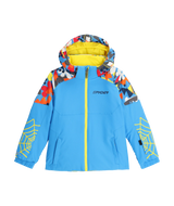Spyder Challenger toddler jacket in blue with a colorful print hood and yellow spider-web sleeves, front view with a yellow zipper.