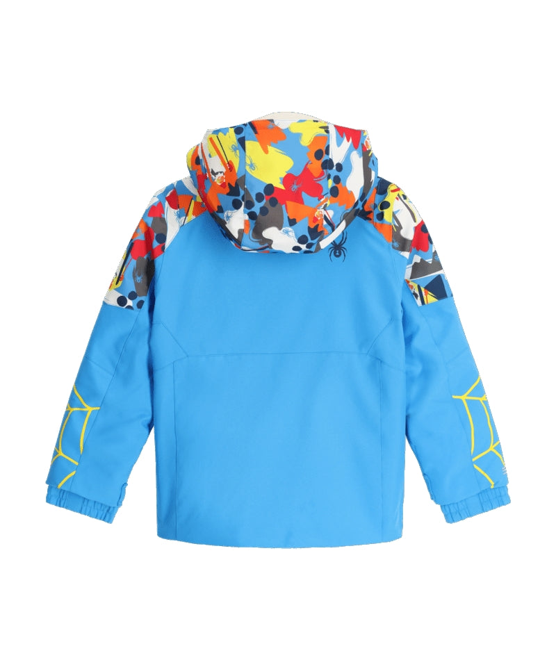 Spyder Challenger Toddler Jacket ski jacket -- Yeti Camo 3 colorway front view on model with hood and cuffs