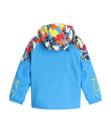 Spyder Challenger Toddler Jacket ski jacket -- Yeti Camo 3 colorway front view on model with hood and cuffs