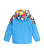 Spyder Challenger Toddler Jacket ski jacket -- Yeti Camo 3 colorway front view on model with hood and cuffs