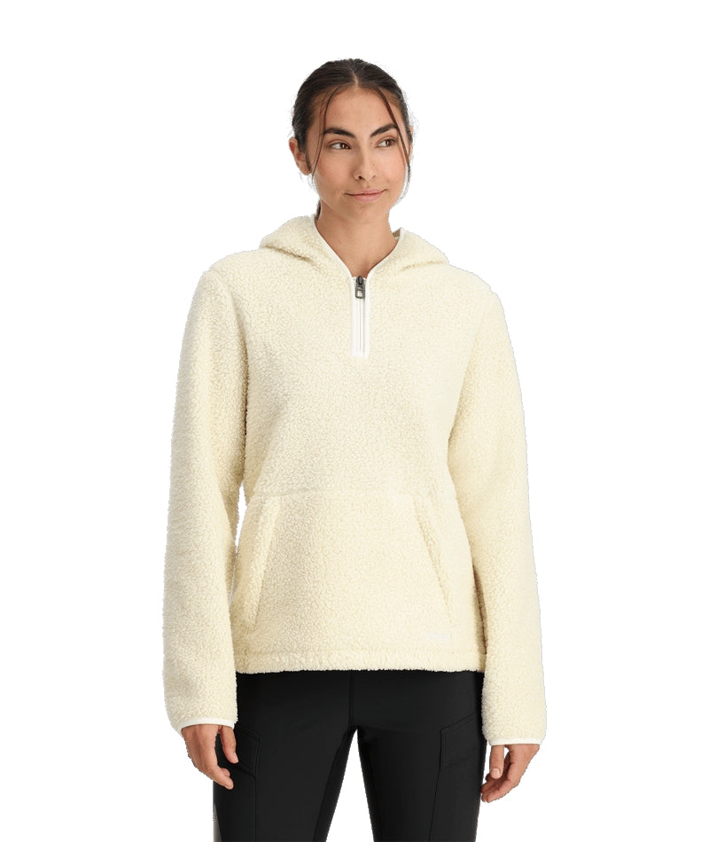 Spyder Cloud Fleece Womens Hoodie mid layer -- Vanilla Latte colorway front view on model