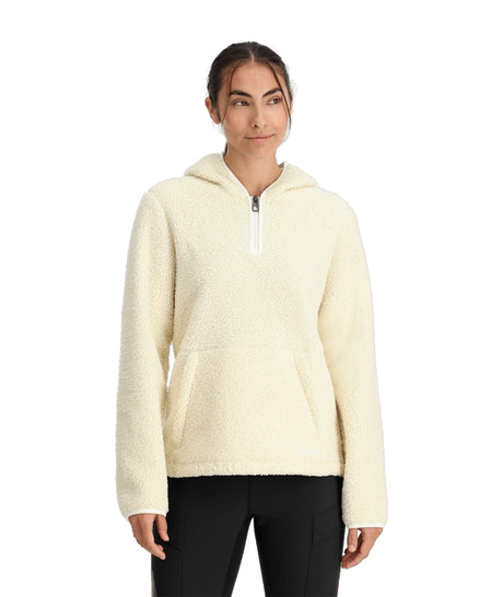 Spyder Cloud Fleece Womens Hoodie mid layer -- Vanilla Latte colorway front view on model