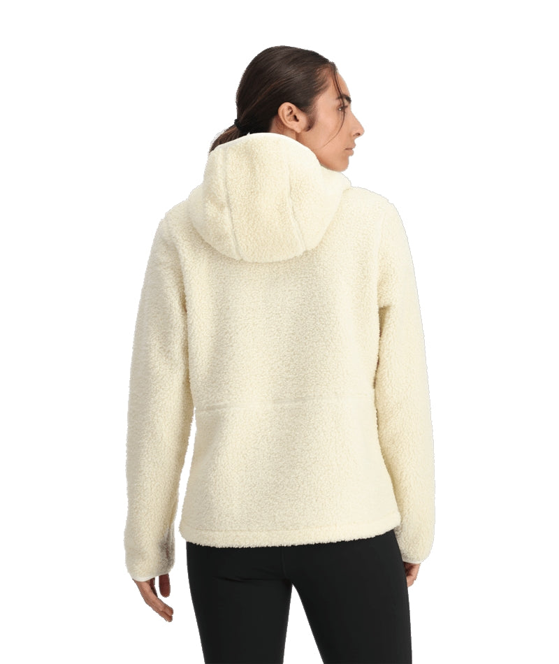 Spyder Cloud Fleece Womens Hoodie mid layer -- Vanilla Latte colorway front view on model