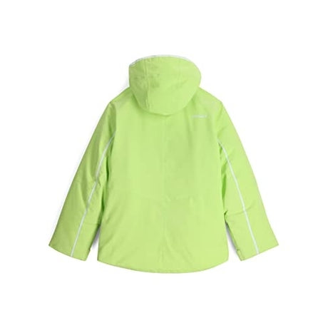 Spyder Conquer Junior Jacket ski jacket -- Lime Ice colorway front view on model with hood and cuffs