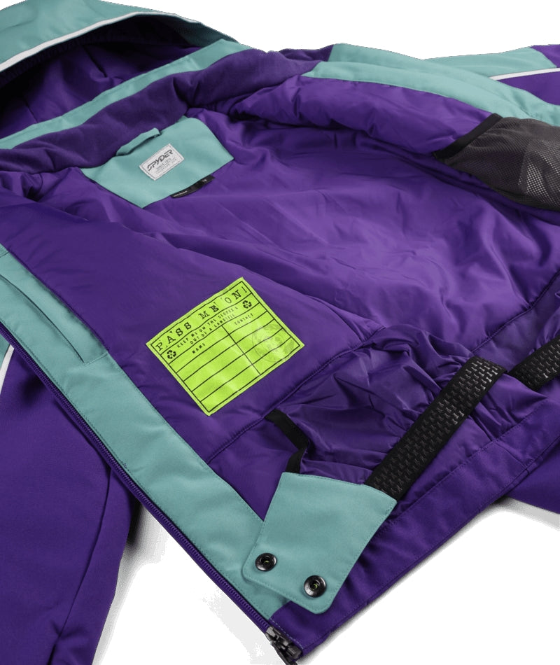 Spyder Conquer Junior Jacket ski jacket -- Sea Glass 8 colorway back view showing articulated powder skirt and fit