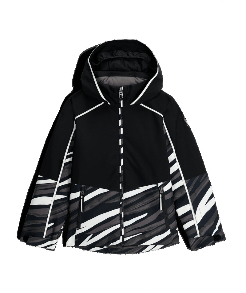 Spyder Conquer Junior Jacket ski jacket -- Tiger Polar colorway lifestyle view showing full jacket silhouette