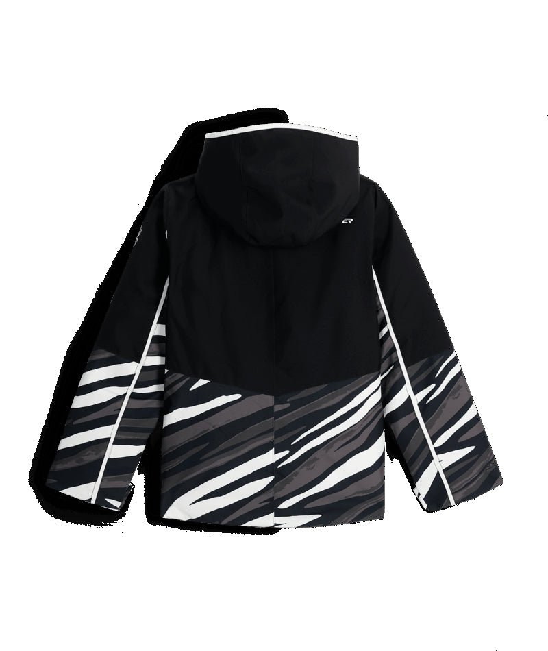 Spyder Conquer Junior Jacket ski jacket -- Tiger Polar colorway front view on model with hood and cuffs
