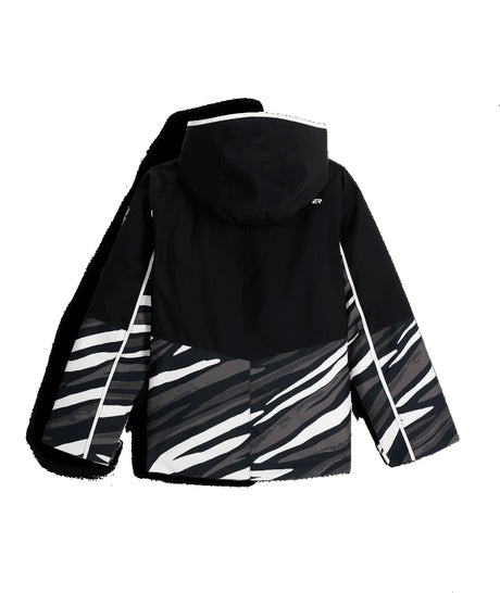 Spyder Conquer Junior Jacket ski jacket -- Tiger Polar colorway front view on model with hood and cuffs