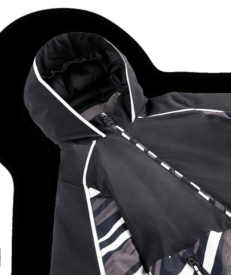 Spyder Conquer Junior Jacket ski jacket -- Tiger Polar colorway lifestyle view showing full jacket silhouette