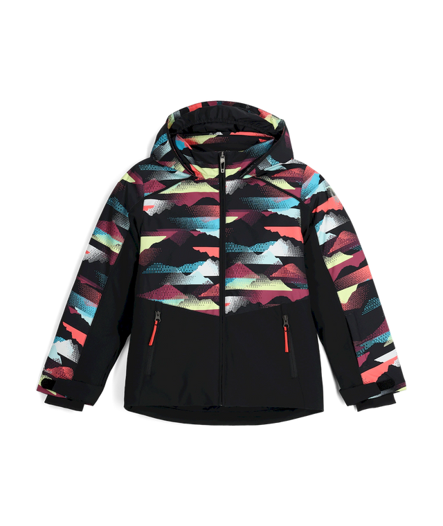 Spyder Conquer junior jacket in a pink, blue and yellow mountain print with a black lower body, front view with the hood up.