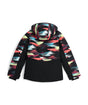 Spyder Conquer Junior Jacket 2026 ski jacket -- Mountain Print colorway front view on model with hood and cuffs