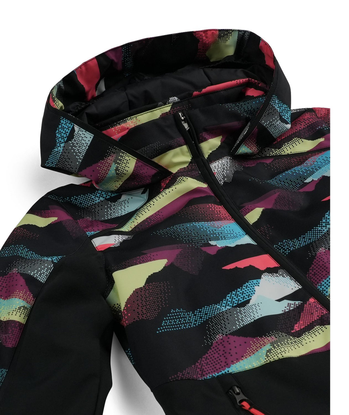 Spyder Conquer Junior Jacket 2026 ski jacket -- Mountain Print colorway front view on model with hood and cuffs