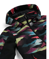 Spyder Conquer Junior Jacket 2026 ski jacket -- Mountain Print colorway front view on model with hood and cuffs