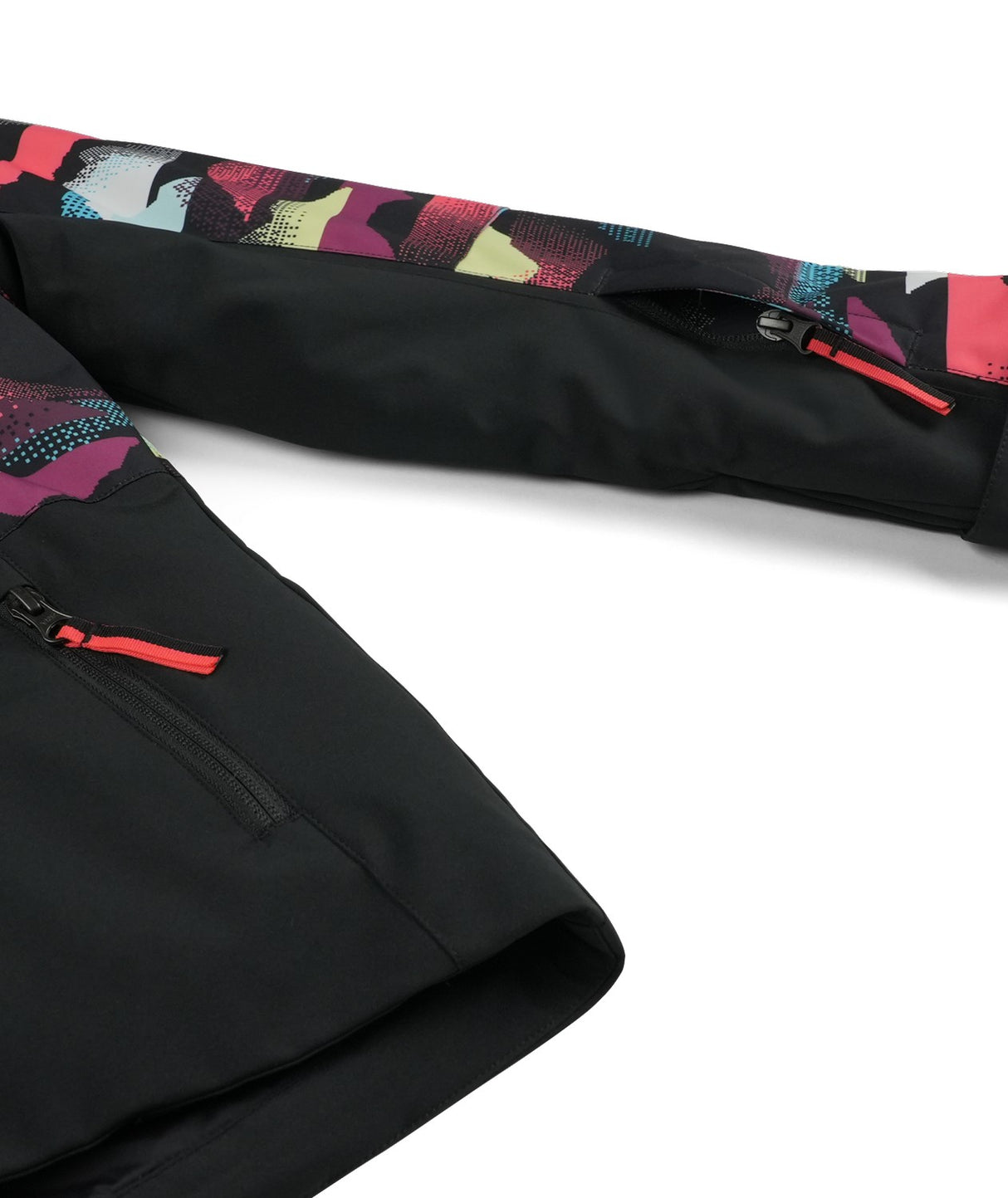 Spyder Conquer Junior Jacket 2026 ski jacket -- Mountain Print colorway outside profile showing zippered pockets and seams