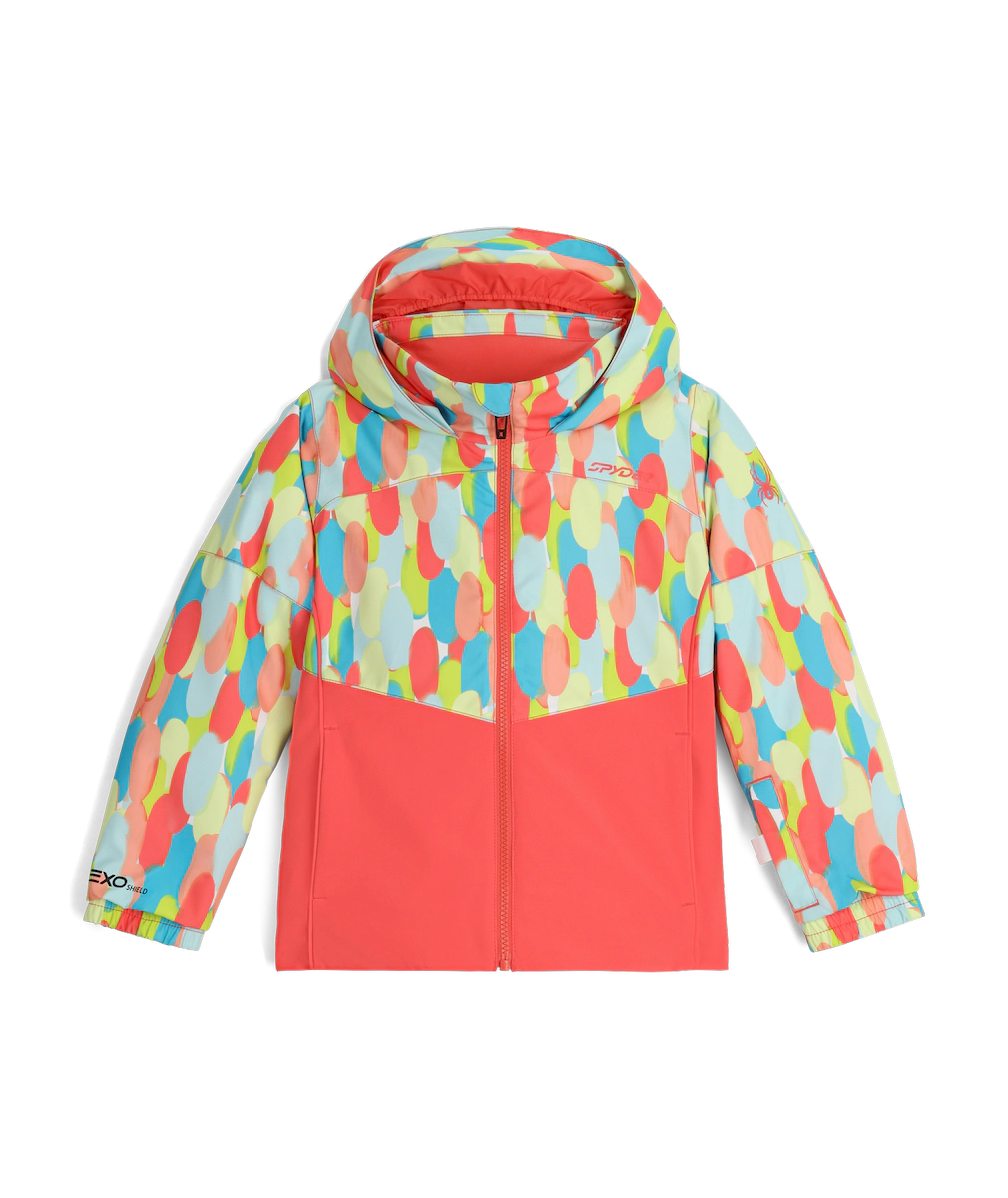 Spyder Conquer toddler jacket in coral with a colorful oval pattern on the hood and sleeves, front view with the hood up.