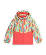 Spyder Conquer toddler jacket in coral with a colorful oval pattern on the hood and sleeves, front view with the hood up.