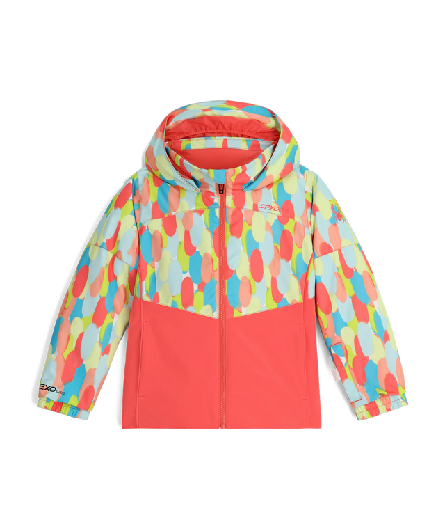 Spyder Conquer toddler jacket in coral with a colorful oval pattern on the hood and sleeves, front view with the hood up.