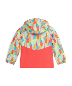 Spyder Conquer Toddler Jacket 2026 ski jacket -- Coral Haze 2 colorway front view on model with hood and cuffs