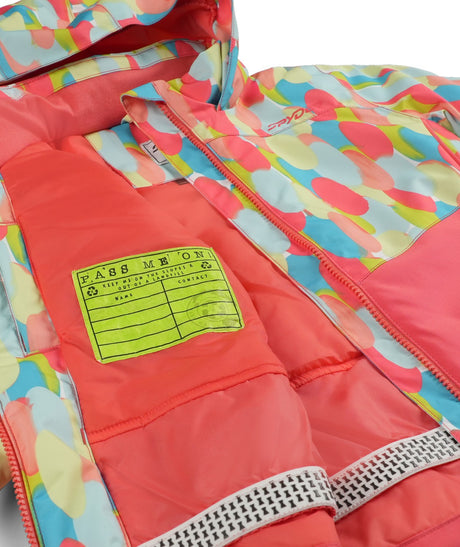 Spyder Conquer Toddler Jacket 2026 ski jacket -- Coral Haze 3 colorway front view on model with hood and cuffs