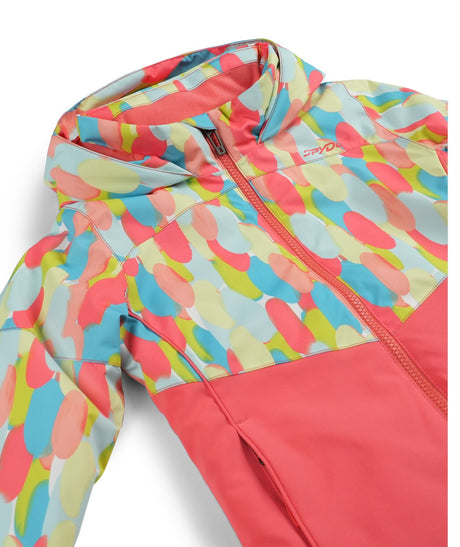 Spyder Conquer Toddler Jacket 2026 ski jacket -- Coral Haze 5 colorway back view showing articulated powder skirt and fit