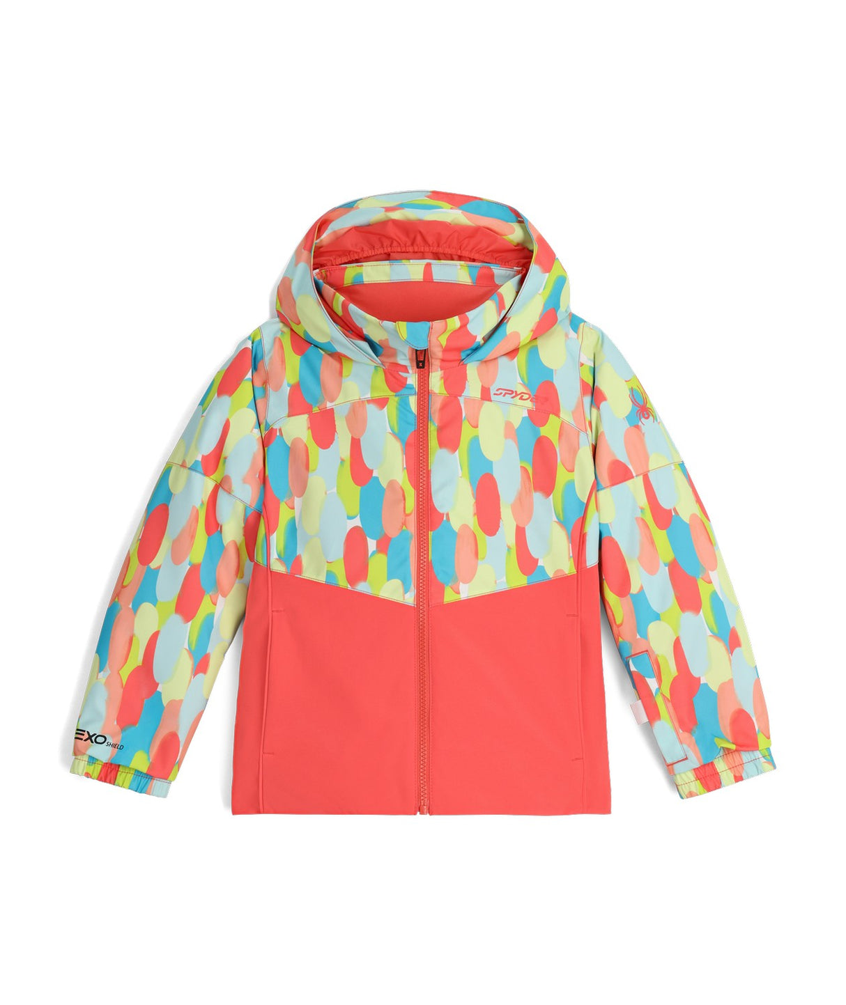 Spyder Conquer Toddler Jacket 2026 ski jacket -- front view on model showing insulated shell and hood at Willis Ski and