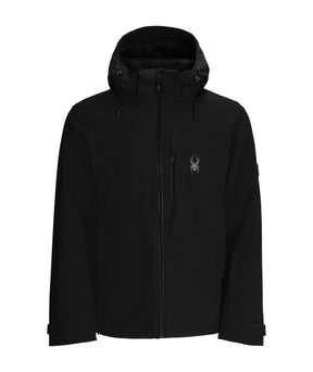 Spyder Copper Mens Jacket 2026 ski jacket -- Black colorway front view on model with hood and cuffs