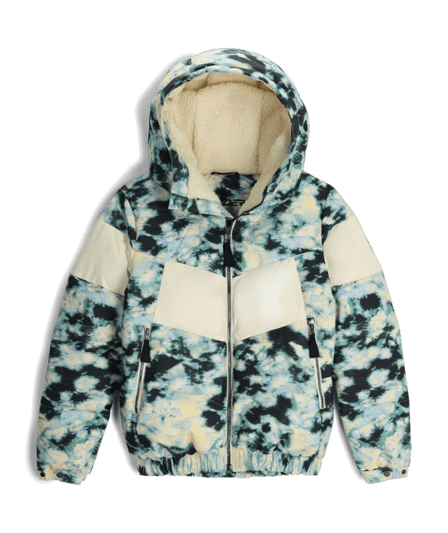 Spyder Eastwood Down Womens Jacket ski jacket -- front view on model showing insulated shell and hood at Willis Ski and