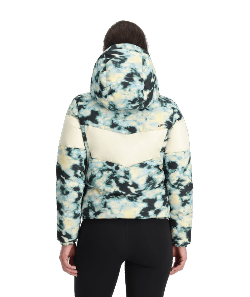 Spyder Eastwood Down Womens Jacket ski jacket -- Tie Dye Vanilla colorway front view on model with hood and cuffs