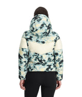 Spyder Eastwood Down Womens Jacket ski jacket -- Tie Dye Vanilla colorway front view on model with hood and cuffs