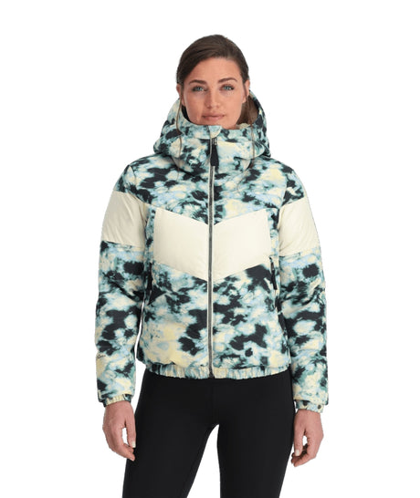 Spyder Eastwood Down Womens Jacket ski jacket -- Tie Dye Vanilla colorway front view on model with hood and cuffs