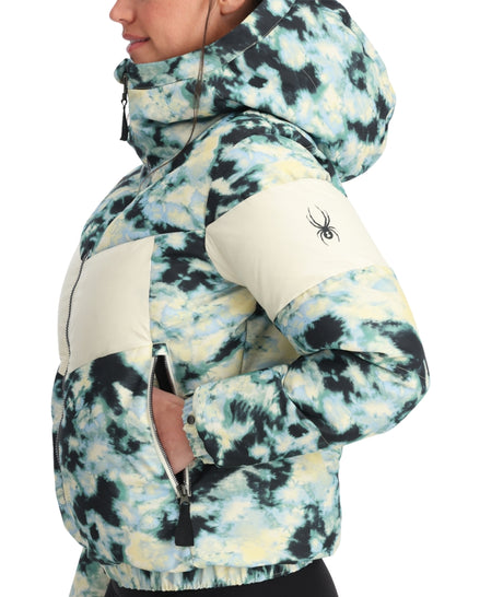 Spyder Eastwood Down Womens Jacket ski jacket -- Tie Dye Vanilla colorway outside profile showing zippered pockets and seams