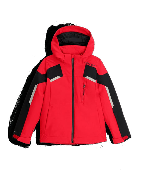 Spyder Leader Junior Jacket ski jacket -- front view on model showing insulated shell and hood at Willis Ski and Board