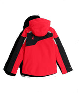 Spyder Leader Junior Jacket ski jacket -- Spyder Red colorway front view on model with hood and cuffs