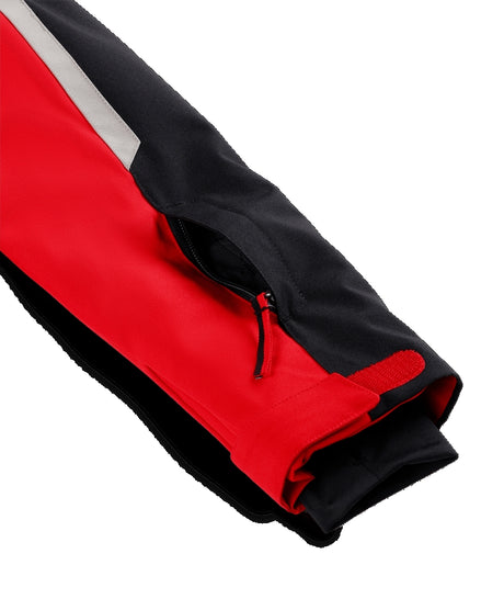 Spyder Leader Junior Jacket ski jacket -- Spyder Red colorway front view on model with hood and cuffs