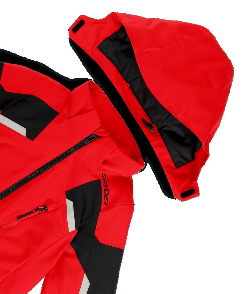 Spyder Leader Junior Jacket ski jacket -- Spyder Red colorway outside profile showing zippered pockets and seams
