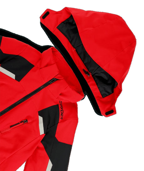 Spyder Leader Junior Jacket ski jacket -- Spyder Red colorway outside profile showing zippered pockets and seams