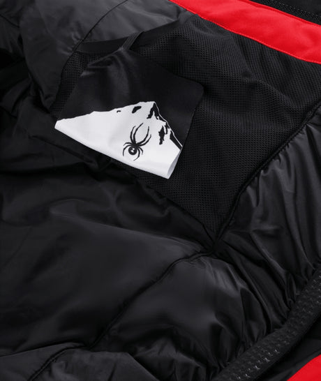 Spyder Leader Junior Jacket ski jacket -- Spyder Red colorway back view showing articulated powder skirt and fit