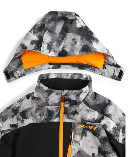 Spyder Leader Junior Jacket 2026 ski jacket -- Black colorway front view on model with hood and cuffs