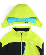Spyder Leader Junior Jacket 2026 ski jacket -- Black Print colorway front view on model with hood and cuffs