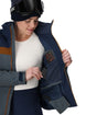Spyder Lightning Electric Womens Jacket 2026 ski jacket -- True Navy colorway front view on model with hood and cuffs
