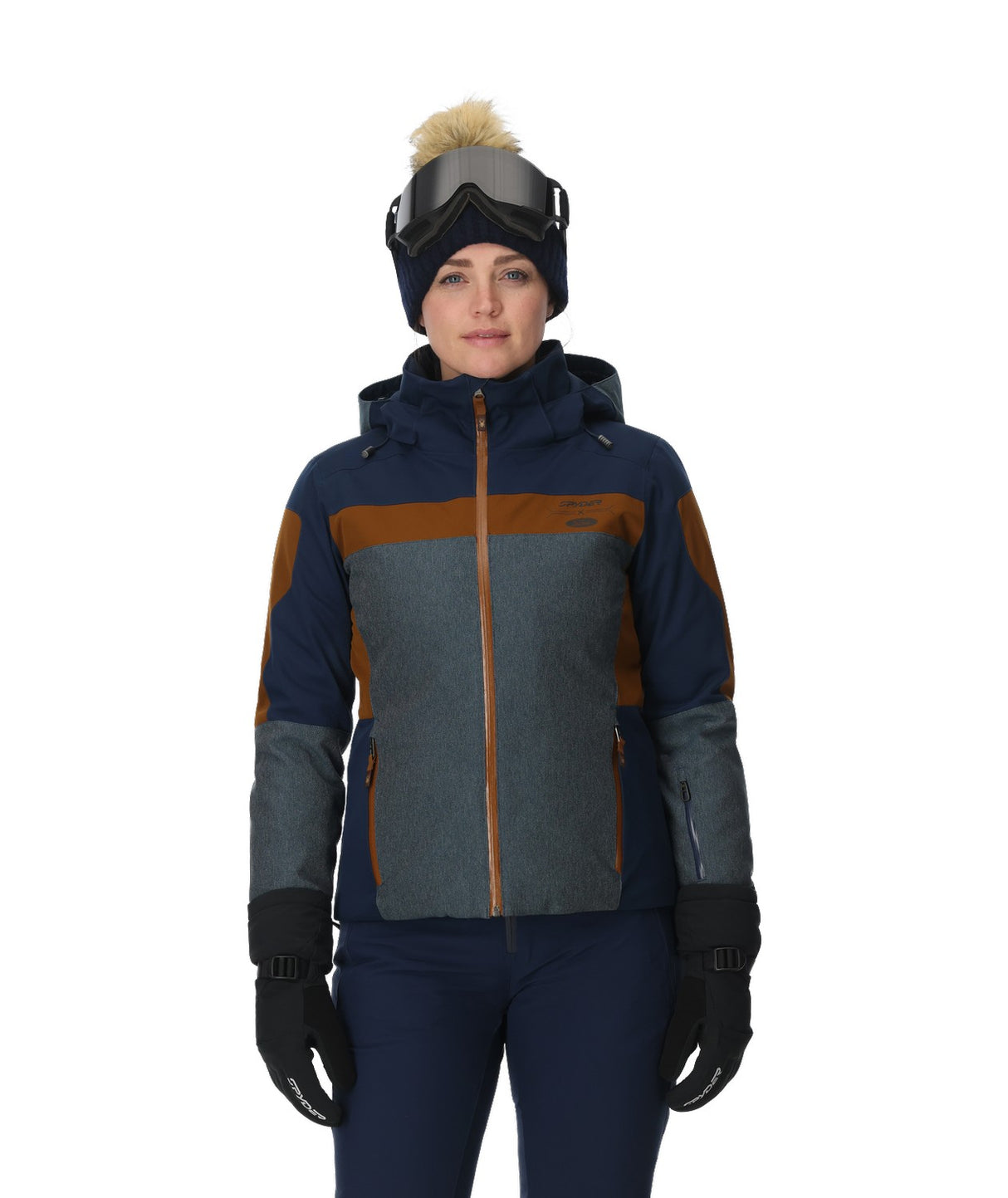 Spyder Lightning Electric Womens Jacket 2026 ski jacket -- True Navy colorway back view showing articulated powder skirt and