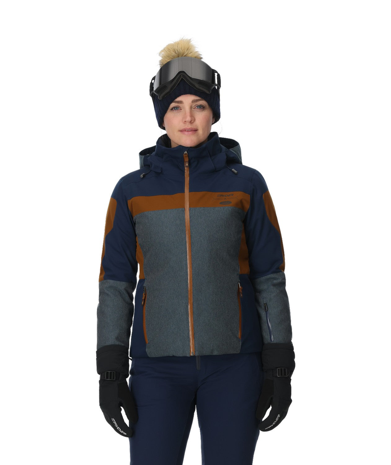 Spyder Lightning Electric Womens Jacket 2026 ski jacket -- True Navy colorway back view showing articulated powder skirt and