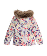 Spyder Lola Toddler Jacket ski jacket -- Butterfly Multi 2 colorway front view on model with hood and cuffs