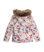 Spyder Lola Toddler Jacket ski jacket -- Butterfly Multi 2 colorway front view on model with hood and cuffs