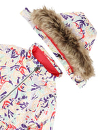 Spyder Lola Toddler Jacket ski jacket -- Butterfly Multi 5 colorway back view showing articulated powder skirt and fit