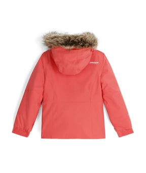 Spyder Lola Toddler Jacket 2026 ski jacket -- Coral Haze 2 colorway front view on model with hood and cuffs