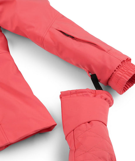 Spyder Lola Toddler Jacket 2026 ski jacket -- Coral Haze 5 colorway back view showing articulated powder skirt and fit