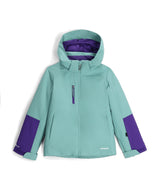 Spyder Mila Junior Jacket ski jacket -- front view on model showing insulated shell and hood at Willis Ski and Board